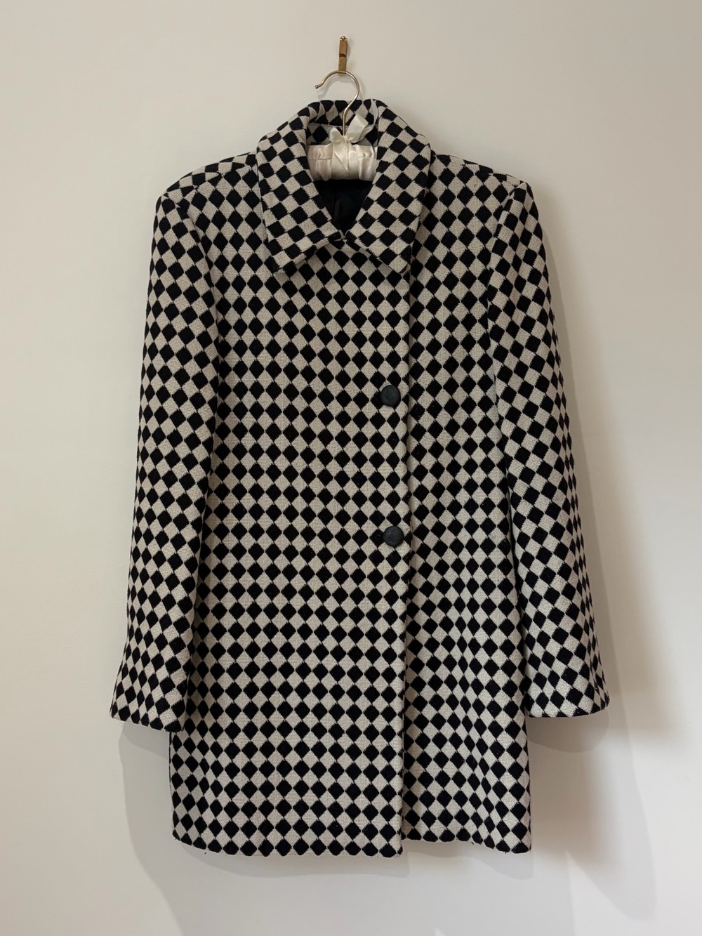 Miss Sixty Black and White Diamond-Pattern Wool Pea Coat